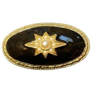 Vintage 1928 Brand Faux Seed Pearl Domed Oval Black Enamel Brooch Pin Gold Tone